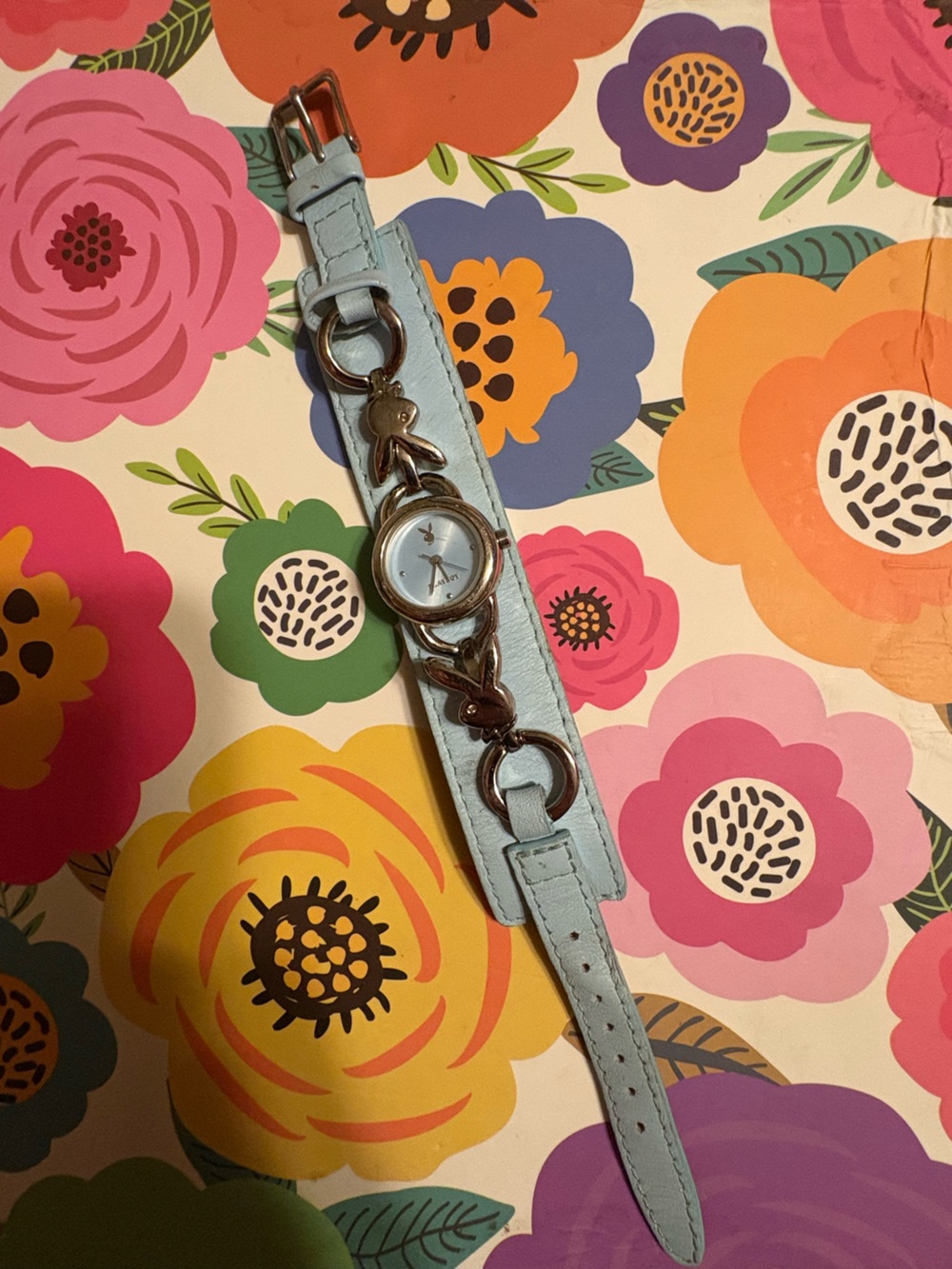 Vintage Y2K 2000s PLAYBOY Light Blue Stainless Steel Faux Leather Bracelet Watch